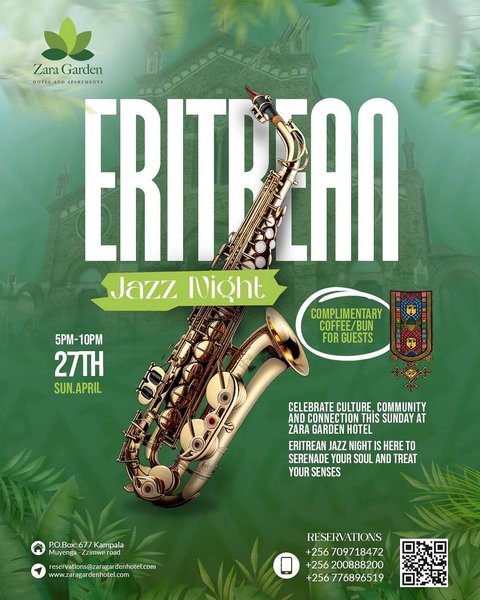 This Sunday evening, take a little trip without leaving town. Zara Garden Hotel is bringing the soulful sounds of Eritrean jazz to the garden smooth melodies, warm ambiance, and great company. 

From 5pm to 10pm, unwind with live music and enjoy a traditional Eritrean coffee ceremony with complimentary Bun from 5pm to 8pm. Come through, bring a friend, and soak in the vibes! 🎶☕ 

For reservations/inquiries
Call/WhatsApp: +(256) 709 718 4721 +(256) 200 888 200 +(256) 776 896 519
Zzimwe Road, Muyenga! 🌿🎷