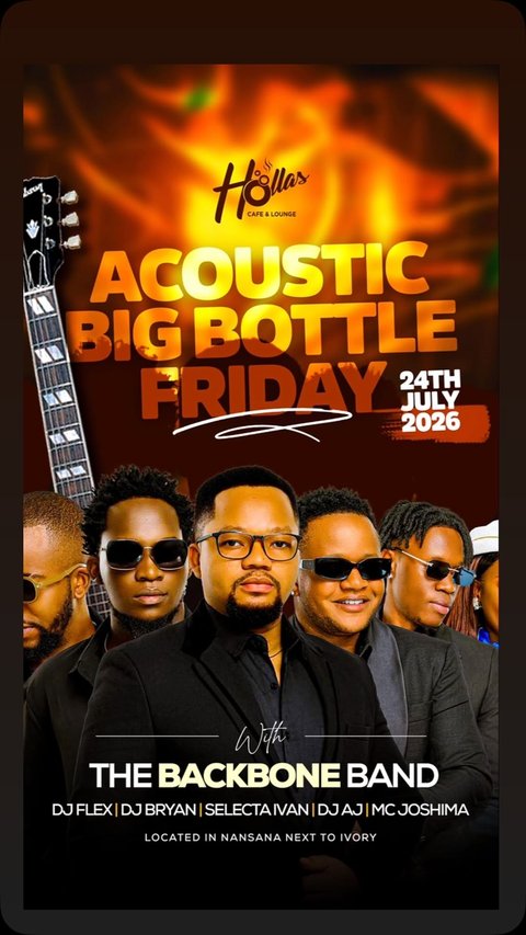 Big bottles night is back tonight @hollascafeandlounge so don’t miss out on the vibes starting from 10:00PM 

Bookings&Inquiries 
📞 0786979203
📞 0759151023

#thebackboneband #liveband