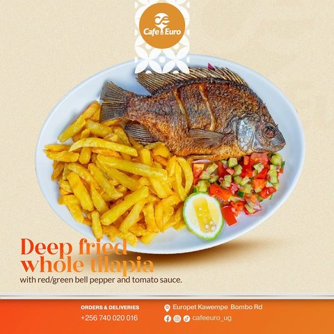 Fresh. Crunchy. Satisfying, Golden, crispy whole fried fish served with perfectly seasoned chips.  #cafeeuro #kampaladining #cafeeuroug #localfood
