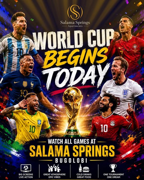 ⚽🔥 The wait is over! The FIFA World Cup is finally here.

Gather your friends, pick your team, and enjoy every moment of football’s biggest stage with us.

📍 Salama Springs, Bugolobi

#WorldCup #WorldCup2026 #SalamaSprings