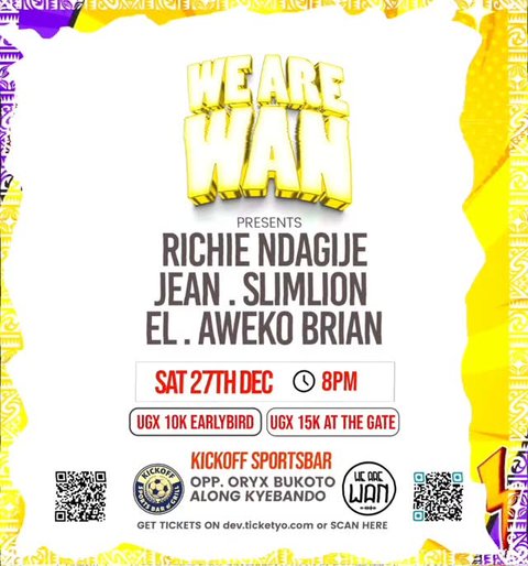 WE ARE WAN is back this saturday 27th December with amazing music and good vibes, join us at kickoff sports bar and grill in bukoto for a great night with @richiendagije @theslimlion @awekobrianmusic @elixirby_el @kickoffsports_ug 

#livemusic #kampalaexpats #kampala #bukotokampala #bar