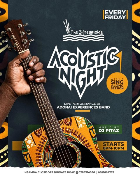 The week has been loud. Friday is for music that speaks to the soul.
From timeless sing-alongs to crowd favorites, join us for an intimate acoustic experience.

📍 The Streamside  Every Friday | 8PM–10PM

#FridayFeels #AcousticSessions #LiveMusicUg