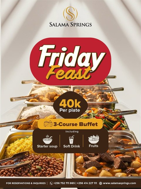 Wednesday was good. Friday is better. 😌

Starting this week, the feast has officially moved to every Friday. Our 3-course lunch buffet is yours for just 40k per plate. 

To book your table, call or WhatsApp: +256781492886