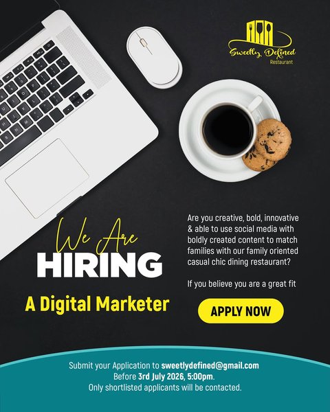 We’re Hiring a Digital Marketer 🥳

Qualifications & Skills
• Bachelor’s degree in marketing, Economics, Business, or related field.
• CIM Qualifications are an added advantage.
• 1–2 years of marketing [Digital or Experiential marketing is preferred].
• Strong knowledge of social media platforms and digital marketing tools.
• Excellent written and verbal communication skills.
• Passion for food, experiences and family dining culture.
• Strong organizational skills and attention to detail.
• Ability to work evenings, weekends and public holidays for special events. 

Key Competencies
• Content creation and curation skills.
• Creativity and visual storytelling.
• Customer-focused mindset. 
• Time management and multitasking.
• Customer feedback generation and management.
• Data collection [Client database].

How to apply: Applications should be addressed to:
The Managing Director,
Sweetly Defined Limited, 
P.O. Box 3817, 
Kampala, Uganda.

 The documents should include the following: 
1. An application Letter
2. Current CV with contact details of professional referees
3. Copies of academic transcripts (certificates)

Applications should be submitted in PDF or Ms Word format by email on sweetlydefined@gmail.com by Friday 3rd July 2026, 5.00pm. Only shortlisted applicants will be contacted.

#hiring #sweetlydefined #digitalmarketer