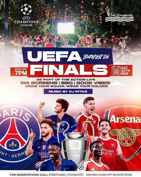 One trophy. Two teams. Millions watching.
Will PSG finally make history, or will Arsenal bring the crown back to North London?
Catch every second LIVE on the big screens at Streamside Park Buwate.
🍖 BBQ | 🍻 Drinks | 🎶 DJ Pitaz | ⚽ Football Atmosphere
📍 Streamside Park, Buwate ⏰ Kick-off 7PM
#UCLFinal #PSGvsArsenal #FootballNight #StreamsidePark