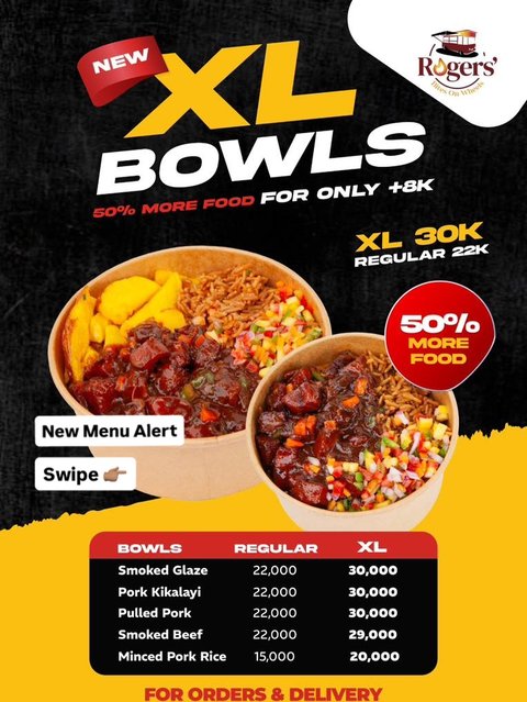 🔥 NEW MENU ALERT 🔥
Fresh flavours. Bigger bites.
Same smoky goodness you love 😌🍖

Our Food Truck bowls now come in XL options — because hunger doesn’t play small.
Plus, we’ve added new platter options for sharing, celebrations… or serious cravings.

So what’s it today?
👉 Namugongo menu
👉 Food Truck menu

📍 Food Truck: Forest Mall, Lugogo
📞 Orders & Delivery
Food Truck: 0745 530 200
Main Kitchen: 0708 348 573 | 0788 708 208

Smoke on 🔥

👉Team XL or Team Platter?
Tell us below 👇 

#newmenualert #rogersbbqnbites #bbqlovers