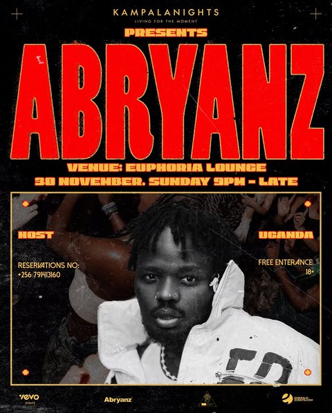 Join us this 30th November, Sunday from 9PM till late for an electric night hosted by @abryanz alongside an all-star lineup!

Main Host: Abryanz (Uganda)
 Guest Deejay: @deejay_buckz 🇿🇦 
Hype Artist: @mc_alleh_mvp  @pest_mc_1 (Uganda)
 Deejay: @djyoungmone @djkatso @deejay_jose256 (Uganda) 

📍 Venue: Euphoria Lounge
🎟 Free Entrance 
📞 Reservations: +256 791413160

A night of music, hype, and unforgettable energy — Hosted by Abryanz. Don’t miss out!

#kampalanights #Abryanzevents #euphoria
