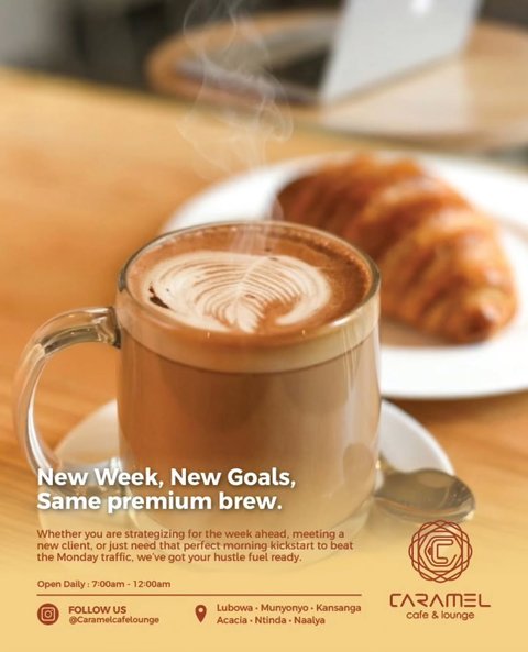 ​New week, new goals, same premium brew. ☕🔥

​Whether you are strategizing for the week ahead, meeting a new client, or just need that perfect morning kickstart to beat the Monday traffic, we’ve got your hustle fuel ready. Step in for great spaces, fast Wi-Fi, and the best brew in town.

​Let’s get to work! 💼

​Find your nearest Caramel Cafe: Lubowa · Munyonyo · Kansanga · Acacia · Ntinda · Naalya.

Follow us @Caramelcafelounge for more daily inspiration!

​P.S. Looking to try something different? Our White Hot Chocolate is available for UGX 13,000.

​#CaramelCafe #MondayMotivation #KampalaCafes #UgandaCoffee #KampalaHustle CafeCulture NtindaFoodies KansangaLife LubowaDining MunyonyoEatouts