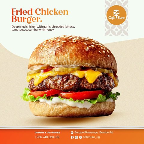 Golden, crispy fried chicken. Fresh, crisp toppings. A soft toasted bun. Every bite hits the spot.

Treat yourself to the Fried Chicken Burger at Cafe Euro. Order today or stop by for a meal worth coming back for. #cafeeuro #kampalaeats #fastfood #fooddelivery