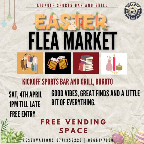 Hi everyone! 🌸
We’re excited to let you know that the Kickoff Flea Market is back this Saturday, 4th April from 1PM till late at Kickoff Sports Bar & Grill, Bukoto. Free Entry 🎉

Join us at KICKOFF SPORTS BAR AND GRILL, BUKOTO for an afternoon of good vibes, great finds, and a little bit of everything. From quirky pieces to unique treasures, you never know what you might come across. 

#kampala #fleamarket #sportsbar #beer #bukotokampala