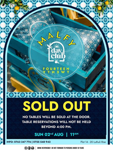 Kampala, you never miss the assignment. 

The August 2nd edition of the Malfy Day Club is officially SOLD OUT.

For those who locked in their spots, get ready for a sun-kissed afternoon full of bold energy.

Please note that TABLE RESERVATIONS WILL STRICTLY NOT BE HELD BEYOND 4:00 PM.
