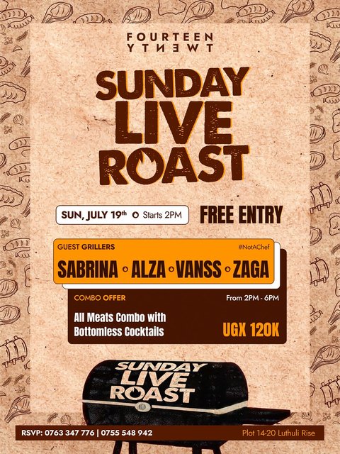 Sunday Live Roast returns July 19th. We’re serving up perfectly roasted meats, crispy roast potatoes, and rich gravy-all the trimmings, done right, paired with bottomless cocktails for UGX 120,000 only.

Our guest grillers: @zaga_ku_lenz , @sabrinaagasha, @djvanss_, and @deejay_alza. 

Gates open at 2pm. FREE ENTRY
0763 347 776 | 0755 548 942- Book your table now.
