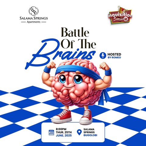 Ready to put your knowledge to the test? 🧠✨

Join us for Battle of the Brains this Thursday at 8 PM at Salama Springs, Bugolobi.
Hosted by Romeo 🎙️

Tag your smartest friend below 👇

#BattleOfTheBrains #QuizNight #salamasprings