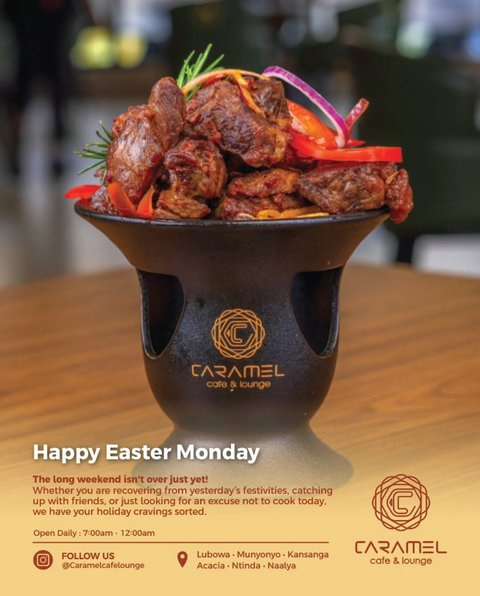 The long weekend isn't over just yet! 🎉✨

​Happy Easter Monday, Kampala. Whether you are recovering from yesterday’s festivities, catching up with friends, or just looking for an excuse not to cook today, we have your holiday cravings sorted.

​Keep the Easter vibes going with our signature sharing platters, cold drinks, and unmatched lounge atmosphere. Bring your crew and let’s make the most of the final holiday hours! 🥂

​Too relaxed to leave home? Order your Easter Monday feast straight to your door.

​📍 Open all day until midnight at 
Lubowa · Munyonyo · Kansanga · Acacia · Ntinda · Naalya.

​#EasterMonday #KampalaHolidays #CaramelCafe #LongWeekendVibes #KampalaEats UgandanFood ChillVibes