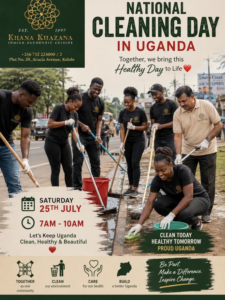 Together for a Cleaner, Healthier Uganda! 🇺🇬This Saturday, 25th July, from 7:00 AM to 10:00 AM, Team Khana Khazana proudly joins fellow Ugandans in observing…