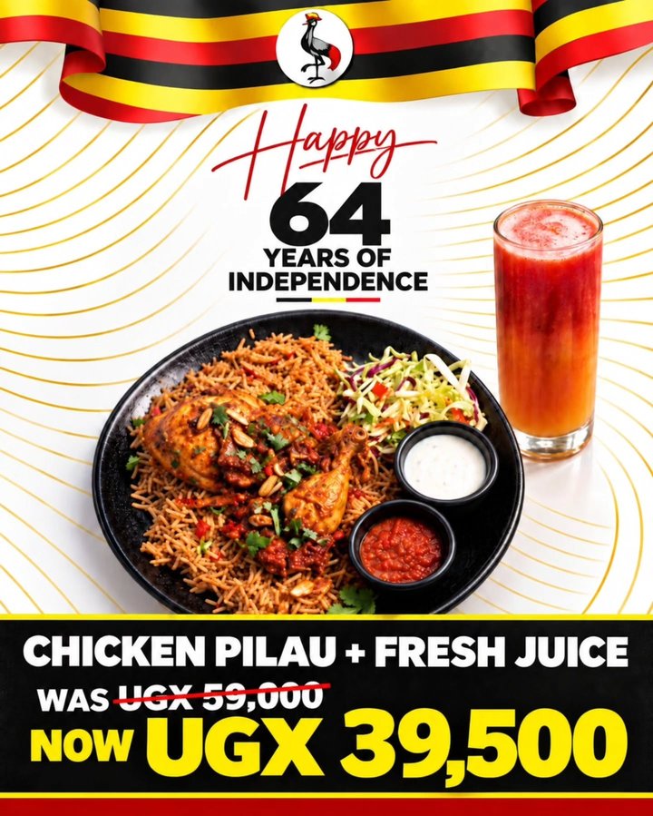 🇺🇬 ONE DAY ONLY—INDEPENDENCE DAY! Celebrate Uganda’s Independence Day with our Chicken Pilau + Fresh Juice for only UGX 39,500, reduced from UGX 59,000! This…