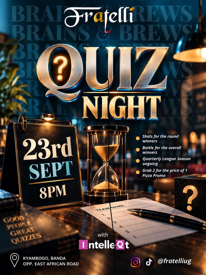 TONIGHT, WE PUT YOUR BRAIN TO THE TEST! It’s Quiz Night at Fratelli! Gather your team, bring the big brains and come battle it out for the win. Buy 1 Pizza…