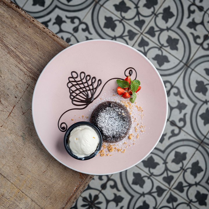 Chocolate soufflé with vanilla ice cream