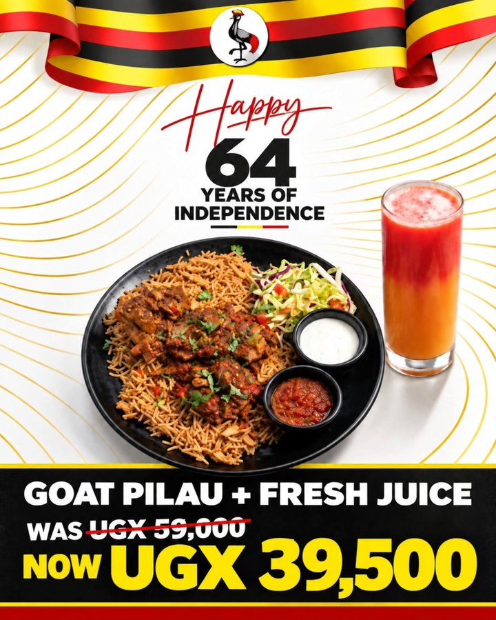 🇺🇬 ONE DAY ONLY—INDEPENDENCE DAY! Celebrate Uganda’s Independence Day with our Goat Pilau + Fresh Juice for only UGX 39,500, reduced from UGX 59,000! This…