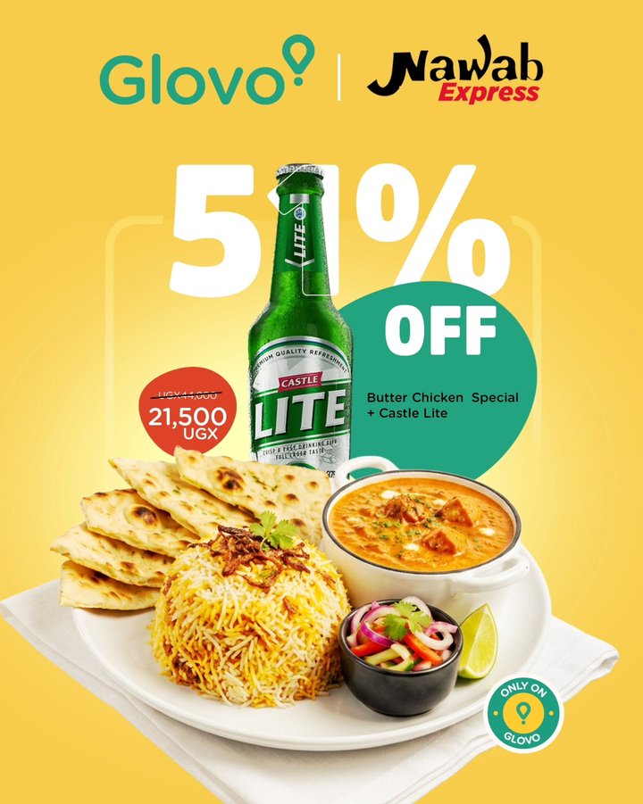 Enjoy the Nawaab Express Butter Chicken Special + Castle Lite for just UGX 21,500 with 51% OFF, exclusively on Glovo. Order now while the offer lasts.
