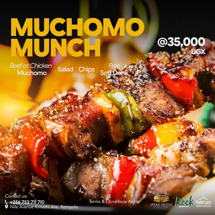 Dig into our Muchomo Munch featuring tender beef or chicken, crispy chips, fresh salad, and a FREE soft drink for only UGX 35,000 at Speke Hotel Kampala…
