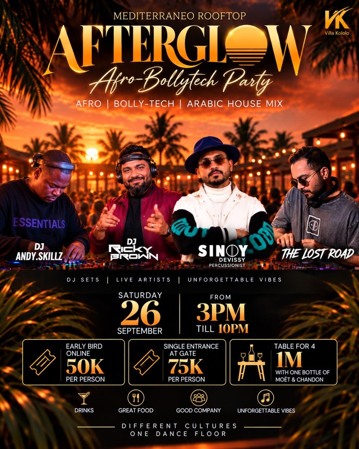 Different cultures. One dance floor. And absolutely no excuse to be boring on Saturday.As the sun goes down over Villa Kololo, AFTERGLOW takes over with Afro…