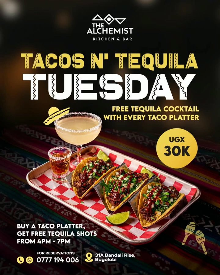 Swap traffic for tacos & tequila this Tuesday at The Alchemist. Buy one taco platter, get a FREE tequila cocktail at UGX 30K. And for the early birds, get some…