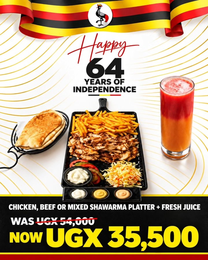 🇺🇬 ONE DAY ONLY—INDEPENDENCE DAY! Choose Chicken, Beef or Mixed Shawarma Platter with Fresh Juice for only UGX 35,500, reduced from UGX 54,000! This special…